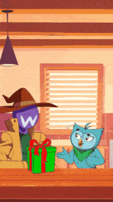 a cartoon of a wizard and an owl with a w on their faces
