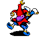 a pixel art illustration of a jester with a purple face and blue legs .