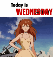 a girl in a yellow dress stands in front of a blue sky with the words today is wednesday