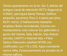 a yellow background with black text that says vendo apartamento en la av. sur 2 detras del antiguo canal de television rctv