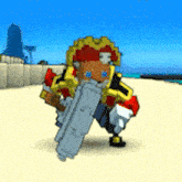 a pixelated pirate holding a sword and shield on a beach