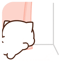 a cartoon cat is standing behind a pink curtain and looking out the window .