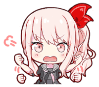 a cartoon of a girl with pink hair and a red bow on her hair .
