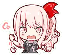 a cartoon of a girl with pink hair and a red bow on her hair .