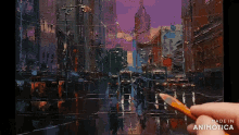 a painting of a city is being made in animotica