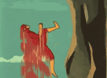 a cartoon of a man in a red superhero suit climbing a cliff