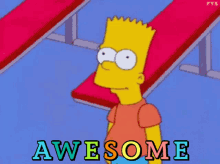 bart simpson from the simpsons is standing in front of a red bench with the words awesome behind him