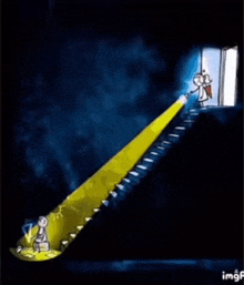 a cartoon of a man sitting on a staircase with a light shining on him