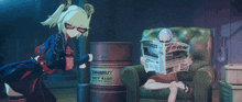 a girl stands next to a barrel that says dynamit