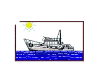 a black and white drawing of a boat in the water