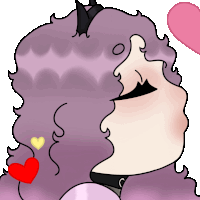 a drawing of a girl with purple hair and horns surrounded by hearts