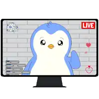 a blue and white penguin is on a computer screen with a live sign