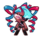 a cartoon character with blue and pink hair and ribbons around her head