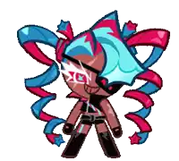 a cartoon character with blue and pink hair and ribbons around her head