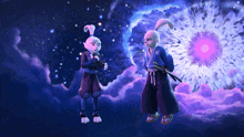 a couple of rabbits standing next to each other with a purple explosion in the background