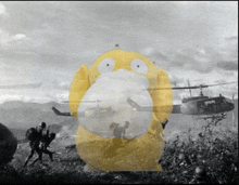 a black and white photo of soldiers and a helicopter with a yellow duck in the foreground