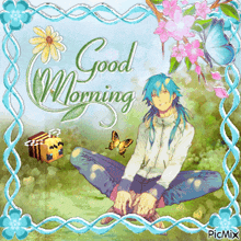 a good morning greeting card with a boy sitting on the grass