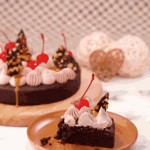 a slice of chocolate cake with a cherry on top on a wooden plate