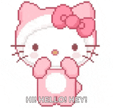a pixel art of a hello kitty with a pink bow and ipod .