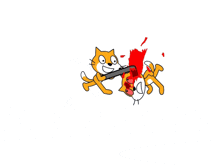 a cartoon of a cat holding a chainsaw with blood coming out of its mouth