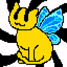 a pixel art drawing of a yellow bee with blue wings on a white background .