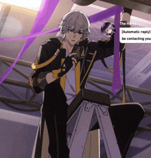 a cartoon character sitting on a ladder with a purple ribbon behind him and a message that says automatic reply