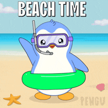 a penguin wearing goggles and a snorkel on the beach with the words beach time