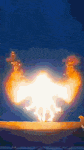 a cartoon drawing of a large explosion with a blue background