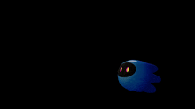 a blue cartoon character with yellow eyes is floating in the air on a black background