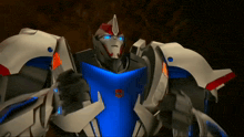 a robot with the word transformers on the chest