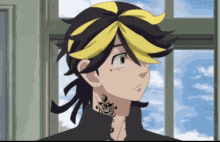 a cartoon character with black and yellow hair looks out a window