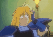 a cartoon character with blonde hair and blue armor