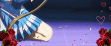 a girl in a blue skirt is kneeling on a purple floor with red roses and hearts surrounding her