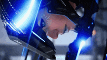a woman wearing a futuristic helmet with a blue light behind her