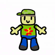 a cartoon character wearing a green hat and a green shirt with a red flower on it .