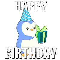 a birthday card with a penguin wearing a party hat holding a gift box