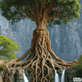 a tree with roots that look like a woman 's face has pixiz written on the bottom right