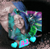 a woman with blue hair and glasses is surrounded by flowers and hearts with aj written in pink