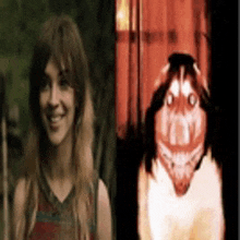 a woman is smiling next to a picture of a cat with a scary face