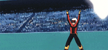a cartoon of a person with their arms in the air in front of a crowd