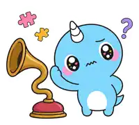 a cartoon drawing of a blue unicorn with a horn holding a record player
