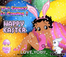 betty boop is wearing bunny ears and holding a bunny egg