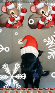 a black dog wearing a santa hat with snowflakes behind him