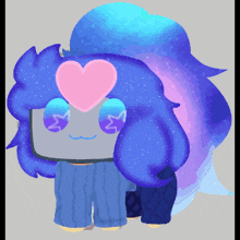 a cartoon character with blue hair and a pink heart in his eye