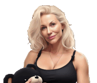 a woman in a black tank top holding a teddy bear