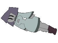 a cartoon character is laying on its back with a purple head