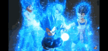 a cartoon character is surrounded by blue flames while holding a ball .