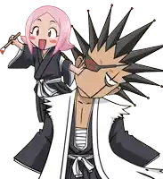 a cartoon drawing of a girl holding a brush next to a man with spiky hair