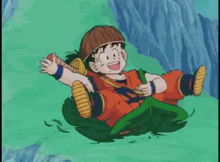 a cartoon character is flying through the air on a green hillside