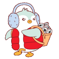 a penguin wearing ear muffs and a red vest is carrying a basket of cans